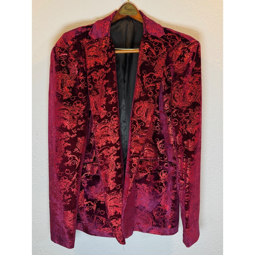 Mage Male Mens Burgundy Red Paisley Velvet Blazer Jacket XL Slim Fit Prom Party